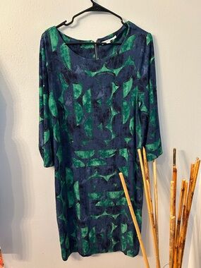 Chico's Navy and Emerald Green Abstract Midi Dress